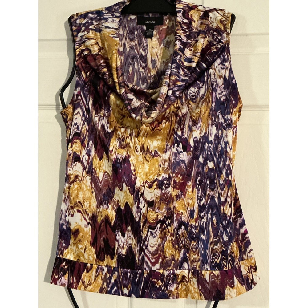 Alfani Womens Purple Yellow Abstract Print Cowl Neck‎ Sleeveless Blouse Size M